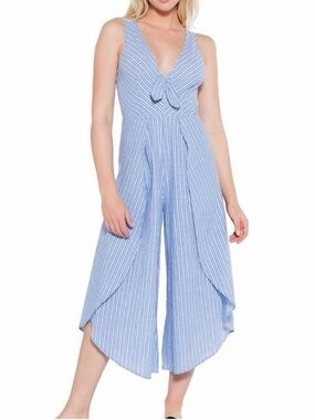 🚨5/$30 🛍️🚨 Striped Light Blue Tie-Front Wide-Leg Jumpsuit
